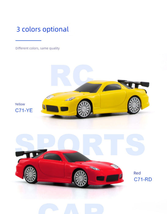 The image displays two JDM Racing Miniature Toy Remote Control Sports Cars by Lacatang Shop. The top toy car is yellow with the label "C71-YE," and the bottom car is red with the label "C71-RD." The text reads "3 colors optional" and "Different colors, same quality.