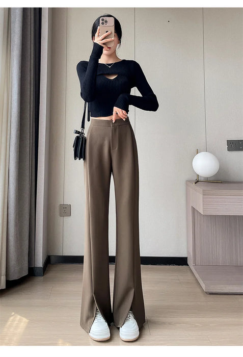 Jielur Coffee Skinny Basic Suit Women Wide Leg Pants Autumn Straight Casual Apricot Trousers Solid Color Split Office Lady Pants