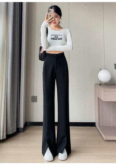 Jielur Coffee Skinny Basic Suit Women Wide Leg Pants Autumn Straight Casual Apricot Trousers Solid Color Split Office Lady Pants