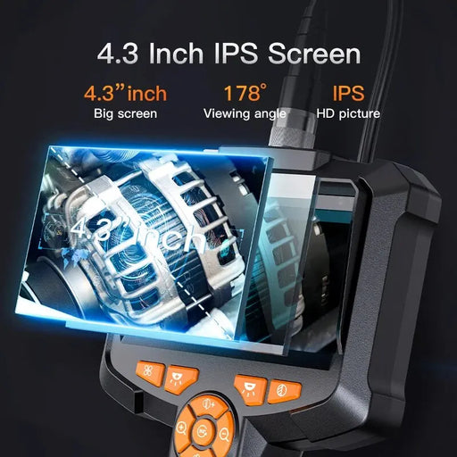 Close-up image of the AliExpress Industrial Endoscope Camera showcasing its 4.3-inch IPS screen displaying detailed views of an engine's inner components. Text on the image highlights features such as "4.3" inch big screen," "178° viewing angle," and "IPS HD picture." Control buttons with icons are visible below the screen, alongside mention of its IP67 waterproof capability.