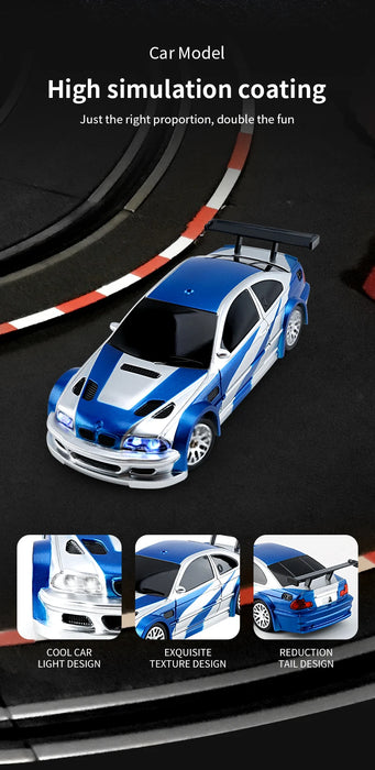 Image of a blue and silver 1/43 RC Car Mini Racing Cars from Lacatang Shop featuring the text "High simulation coating, just the right proportion, double the fun." The car boasts detailed designs including cool car lights, exquisite texture, and a reduced tail design.