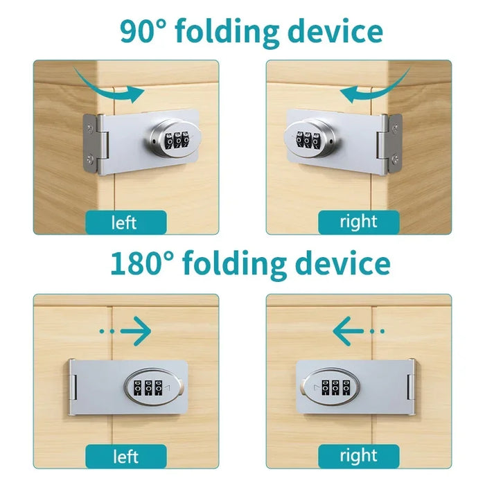 Diagram of the Lacatang Shop's versatile locking device: Top row shows a 90-degree folding lock for universal fit on both sides. Bottom row illustrates a 180-degree folding lock with movement arrows, ideal for Child Safety Refrigerator and Cabinet Lock ensuring metal drawer protection.