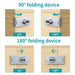 Diagram of the Lacatang Shop's versatile locking device: Top row shows a 90-degree folding lock for universal fit on both sides. Bottom row illustrates a 180-degree folding lock with movement arrows, ideal for Child Safety Refrigerator and Cabinet Lock ensuring metal drawer protection.