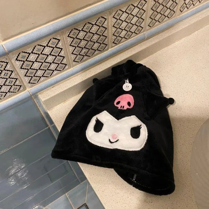 Cute Kuromi Anime Hair Drying Cap – Plush Water Absorbent Wrap Towel for Girls, Perfect Gift Idea