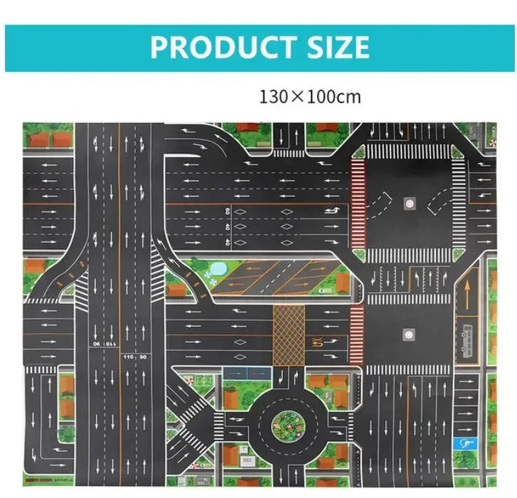 The Lacatang Shop Interactive City Traffic Play Mat for Kids is a 130 x 100 cm waterproof educational rug with detailed roads, intersections, a roundabout, pedestrian crossings, and grassy areas—ideal for imaginative play and learning.