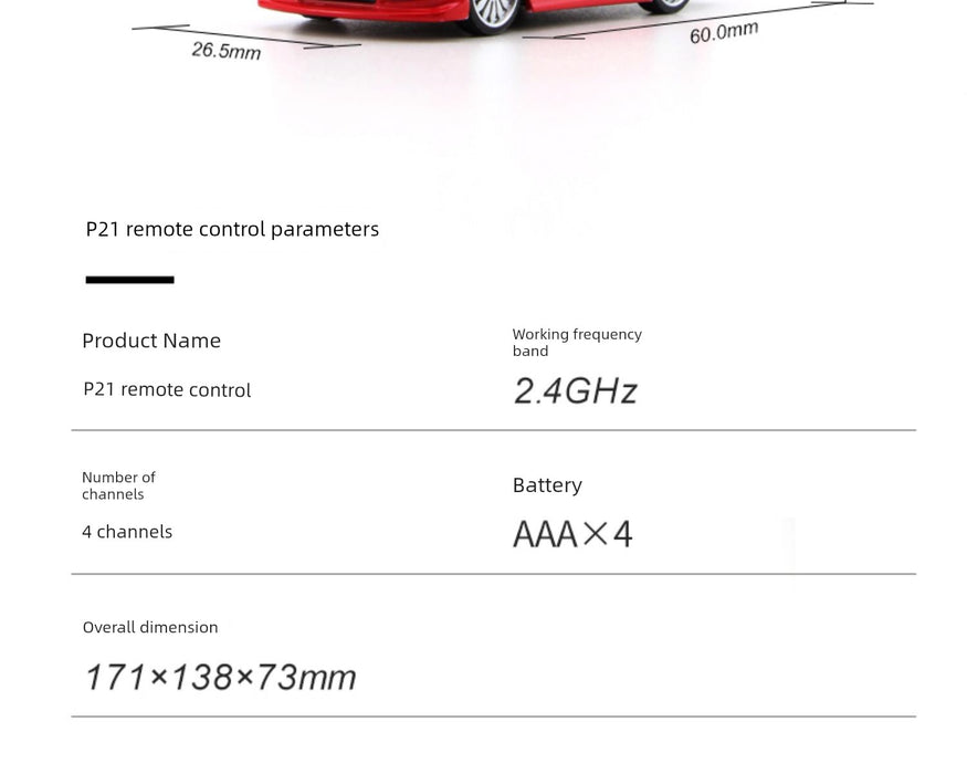 An infographic displays specifications for the JDM Racing Miniature Toy Remote Control Sports Car. It shows a red car labeled with dimensions: 26.5mm width and 60.0mm length. Below, text highlights features: 2.4GHz frequency, 4-channel control, AAA x 4 battery, and overall dimensions of 171 x 138 x 73mm by Lacatang Shop.