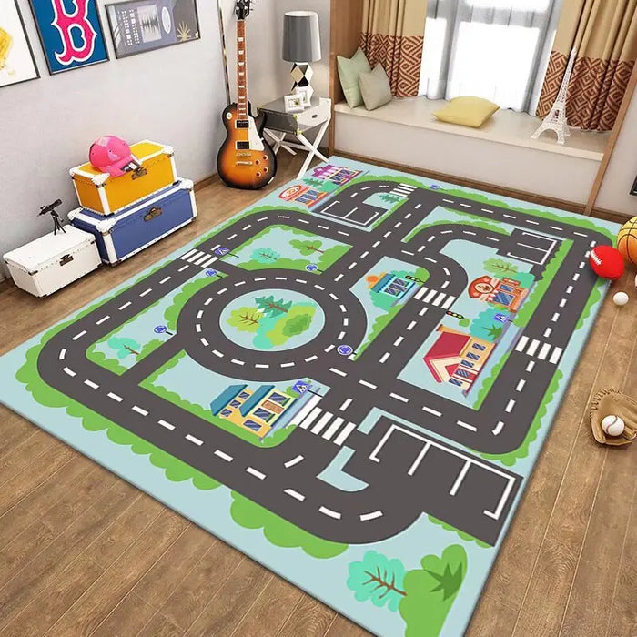 A vibrant kids' playroom features the VIKAMA Kids' Cartoon Traffic Play Mat from Lacatang Shop, a colorful car-themed carpet with streets and buildings. The room includes toys, a blue chest, a guitar, and a cozy window seat with cushions on the wooden floor for indoor fun.