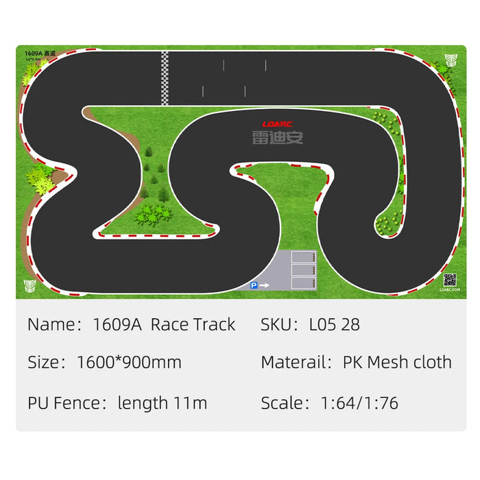 This illustration features the Lacatang Shop Portable Mini RC Car Race Track Mat with a winding, black track bordered in white and red, surrounded by green grass and trees. Made of PK mesh cloth, the mat measures 160x90cm & 120x60cm, suits 1/76 scale RC cars, and includes details like name and fence length.