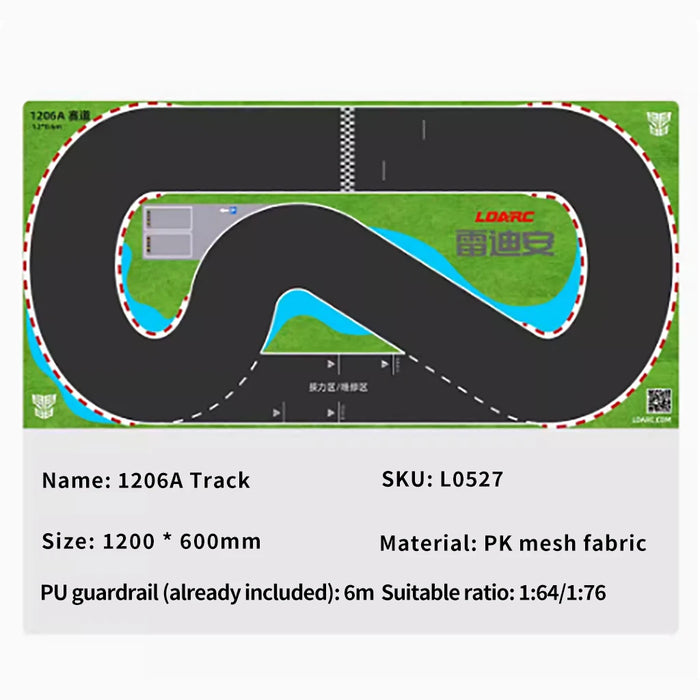 Illustration of the "LDARC Miniature RC Car Racing Track Mat" by Lacatang Shop, designed for 1/64 scale vehicles. Available in sizes up to 2400mm x 1200mm, it features a black winding track with a checkered finish line and green surroundings. Durable material details below.