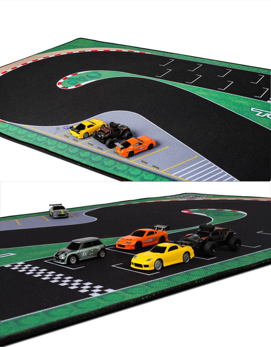 Two images feature toy cars on the TURBO RACING 1:76 Drift Track Mat from Lacatang Shop, highlighting curves and parking on top. The bottom shows a yellow, orange, green car, and black truck lined up at a checkered start. Ideal for remote control enthusiasts!.