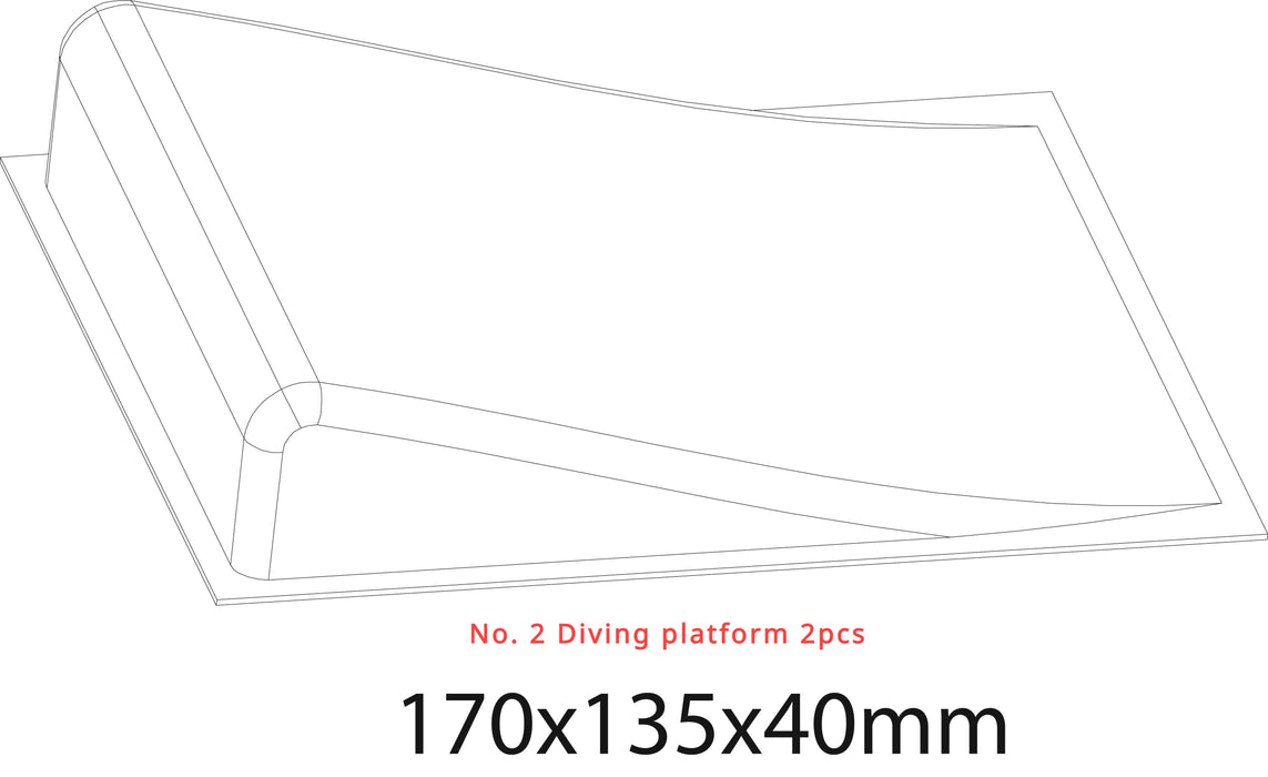 A technical diagram of a 170x135x40mm diving platform is next to a Turbo Racing track. Below the illustration, "No. 2 Diving Platform 2pcs" appears in red, similar to labels on the Lacatang Shop's TURBO RACING 1:76 Remote Control Car Race Track Set with Drift Jump and Cement Obstacles.