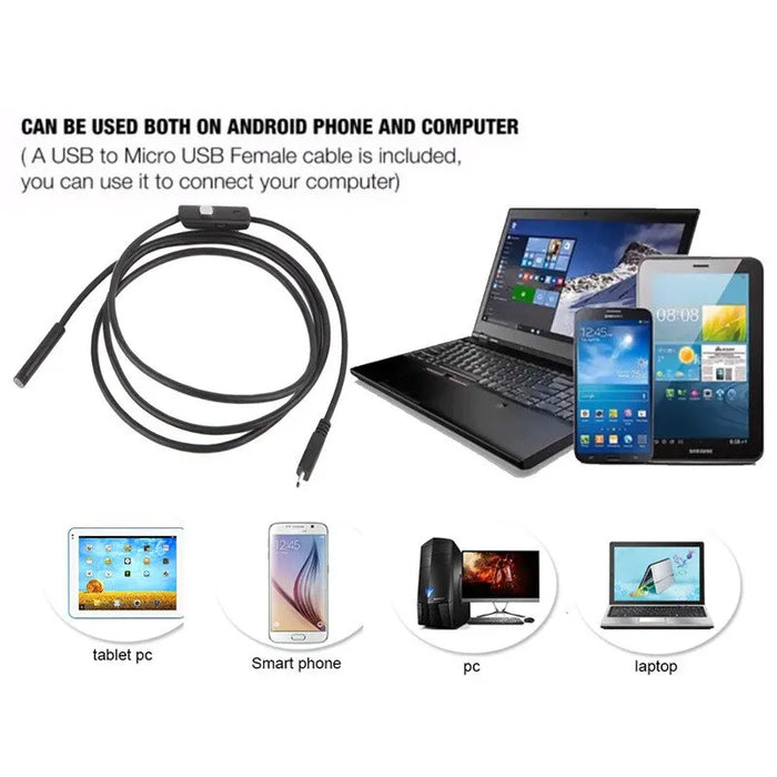 An image showcasing the AliExpress MM Class Endoscope Camera Flexible Waterproof Mini Industrial, accompanied by the USB to Micro USB Female cable and various compatible devices such as a tablet, smartphone, desktop PC, and laptop. Text above highlights its functionality with Android phones and computers, emphasizing its application for Flexible and Waterproof Endoscopes.