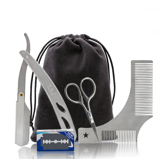 Men's Beard Styling Template Grooming Tool Set - Stainless Steel Right Angle Comb and Brush