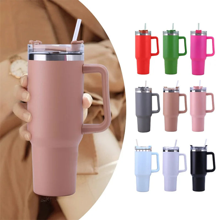 40oz Stainless Steel Insulated Hot Travel Mugs Water Bottle Thermal Vacuum Coffee Car Cup Cold Flask with Handle Straw