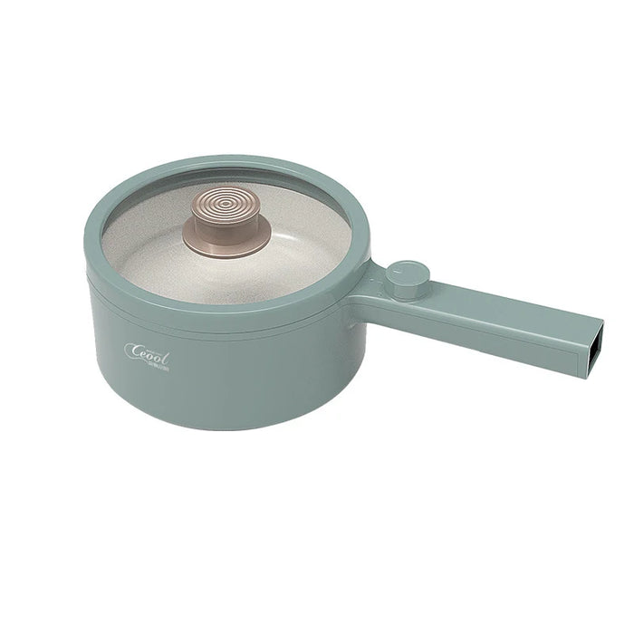 A teal-colored, round portable pot with a long handle is perfect for cooking. It features a transparent lid with a metallic knob on top and visible circular design patterns on the inner part of the lid. The brand name "Lacatang Shop" is printed on the side of this 2024 New Portable 1.5L Multi-function Pot Rice Cooker Electric Cooking Stir Frying Noodle Pot Mini Hot Pot, ideal for household or dormitory use.