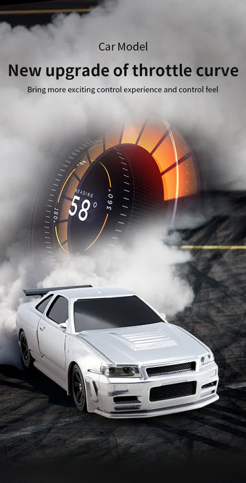 A white 1/43 RC Car Mini Racing Car from Lacatang Shop is displayed in front of a digital speedometer reading 58°. Smoke surrounds the rear of the car, indicating motion. The text reads, "1/43 RC Car Mini Racing Car. New upgrade of throttle curve. Bring more exciting control experience and control feel.