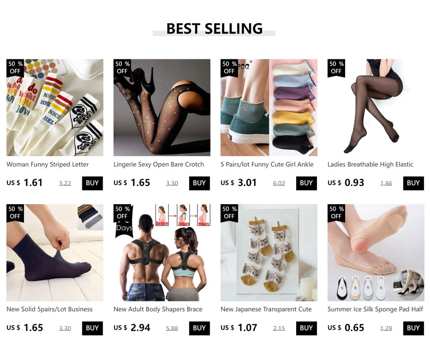 A grid of listings features product images, each with prices: colorful striped socks, sheer black leggings, vintage floral lace ruffle socks for women by Lacatang Shop in kawaii Harajuku style, high elastic tights, business socks, body shapers, transparent crystal silk grip socks. Each has discounts.