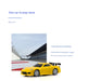 A yellow JDM Racing Miniature Toy Remote Control Sports Car from Lacatang Shop is displayed on a racetrack with a white wall and grandstand in the background. Text reads: "One car to play more," "Turbo Racing RC Competition," and "The scene can also be easily completed!