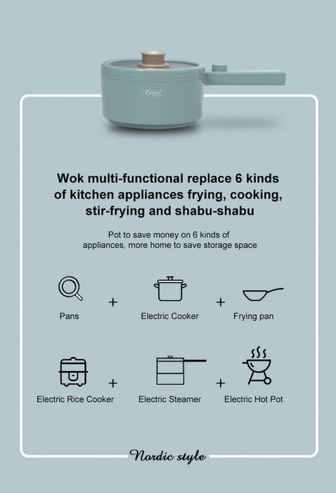 A promotional graphic for the 2024 New Portable 1.5L Multi-function Pot by Lacatang Shop. A teal-colored pot is displayed at the top with text emphasizing its versatility. This multi-function pot can replace pans, electric cookers, frying pans, electric rice cookers, steamers, and hot pots. The bottom text reads "Nordic style.