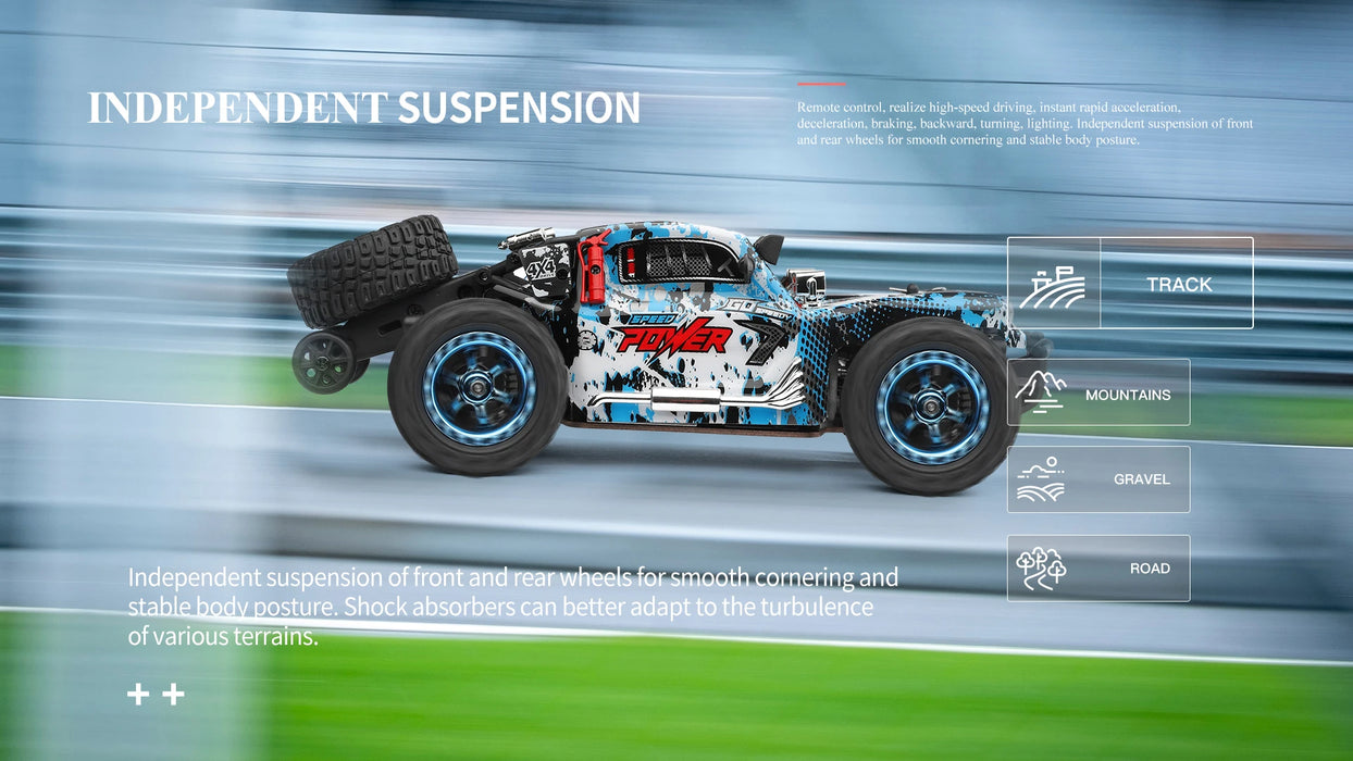 A blue and white WLtoys 1:28 scale remote control car from Lacatang Shop, featuring the word "Power" on its side, speeds along a racetrack, demonstrating “Independent Suspension.” Icons on the right highlight its ability to handle various terrains such as track, mountains, gravel, and road. The text emphasizes its stability, high-speed performance of up to 30 km/h, four-wheel drive capabilities, and lithium battery power.