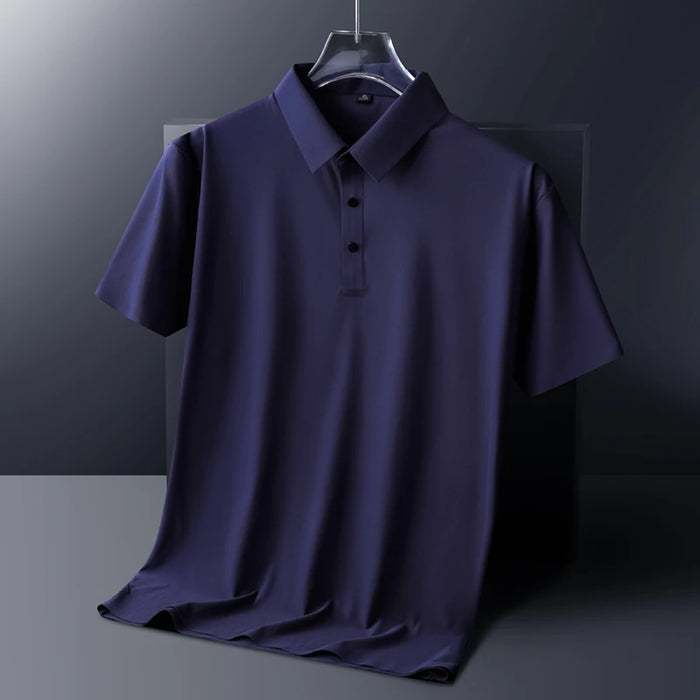 Classic Black High Quality Wrinkle Resistant Ice Silk Short Sleeved T-shirt Men's Summer Lapel Casual Solid Color Tops Polo Men