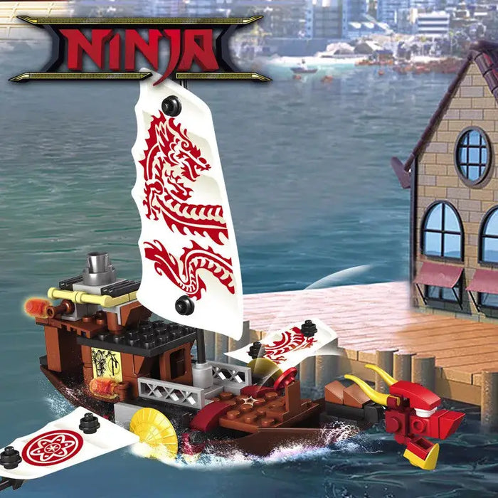 A New Phantom Ninja Dragon Ship Model from Lacatang Shop, crafted with durable ABS material, floats on water and highlights its intricate assembly. The ship is decorated with sails featuring red dragon designs and includes various accessories. In the background, a dock and building with arched windows are visible, while the word "Ninja" is prominently displayed at the top.