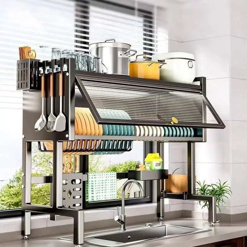 Adjustable Kitchen Dish Rack with Dust Cover – Versatile & Hygienic