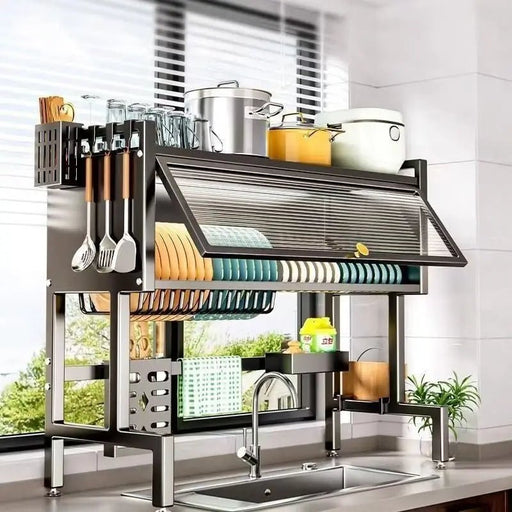 Adjustable Kitchen Dish Rack with Dust Cover – Versatile & Hygienic