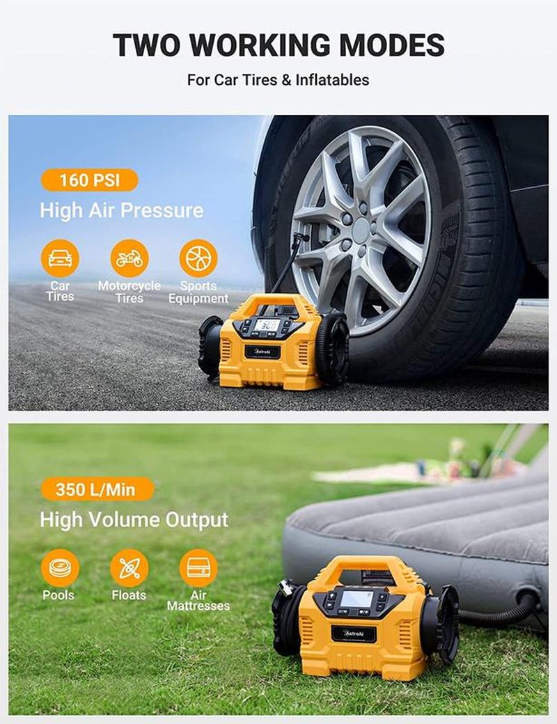 Astroai Cordless Tire Inflator Portable Air Compressor for Car 160PSI with HD Screen, 3 Power Sources & Dual Powerful Motors, Heavy Duty Air Pump Inflation/Deflation Father Day Gifts - Lacatang Shop
