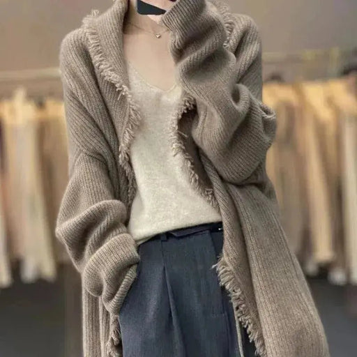 Autumn Winter New Fashion V - neck Long Sleeve Solid Tassels Cardigan Sweaters Women's Clothing Loose All - match Knitting Chic Tops - Lacatang Shop