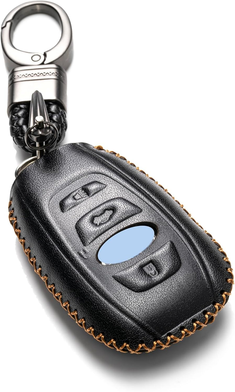 Leather Smart Key Fob Case Cover Compatible with Subaru Forester, Impreza, Outback, WRX, BRZ, XV Crosstrek, Ascent, Solterra 2014 - 2025 (4-Button, Black/Red)