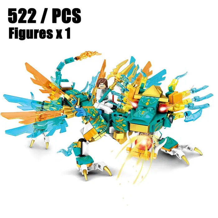 This vibrant building block set from Lacatang Shop, titled the "New Phantom Ninja Dragon Ship," includes an array of blue, gold, and orange pieces crafted from non-toxic ABS. It features a figure aboard the dragon-like model and consists of "522 / PCS Figures x 1" as noted in the top left corner, designed to enhance manipulative skills for imaginative play.