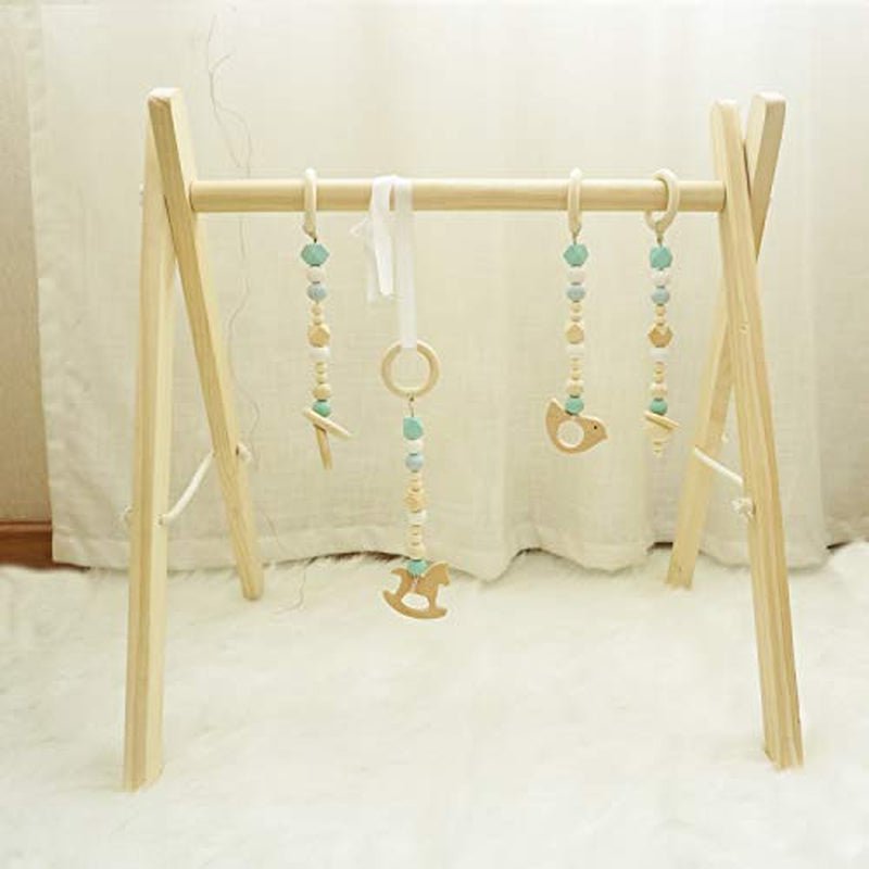 Baby Play Gym, Wooden Baby Gym with 4 Infant Toys, Foldable Wood Gyms Frame Hanging Bar for Toddler, Newborn, Baby Girls and Boys Shower Gift Play Toys - Lacatang Shop