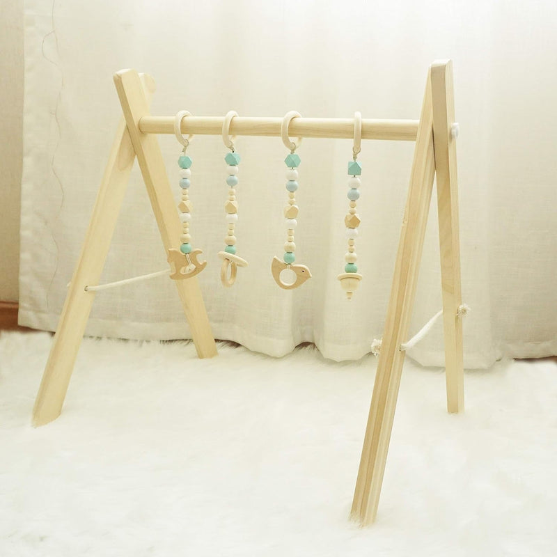 Baby Play Gym, Wooden Baby Gym with 4 Infant Toys, Foldable Wood Gyms Frame Hanging Bar for Toddler, Newborn, Baby Girls and Boys Shower Gift Play Toys - Lacatang Shop