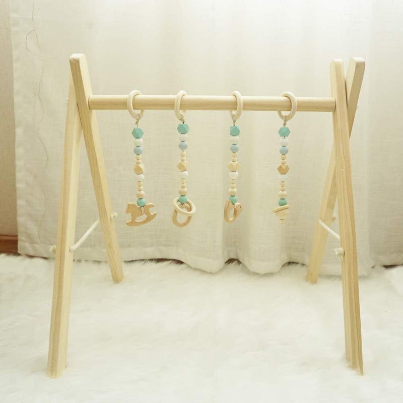 Baby Play Gym, Wooden Baby Gym with 4 Infant Toys, Foldable Wood Gyms Frame Hanging Bar for Toddler, Newborn, Baby Girls and Boys Shower Gift Play Toys - Lacatang Shop