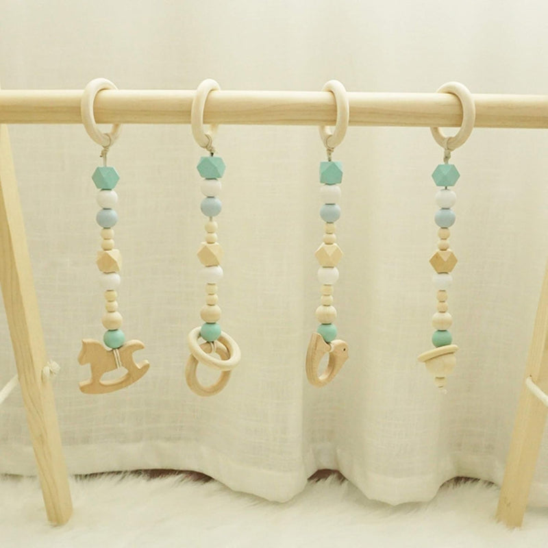 Baby Play Gym, Wooden Baby Gym with 4 Infant Toys, Foldable Wood Gyms Frame Hanging Bar for Toddler, Newborn, Baby Girls and Boys Shower Gift Play Toys - Lacatang Shop