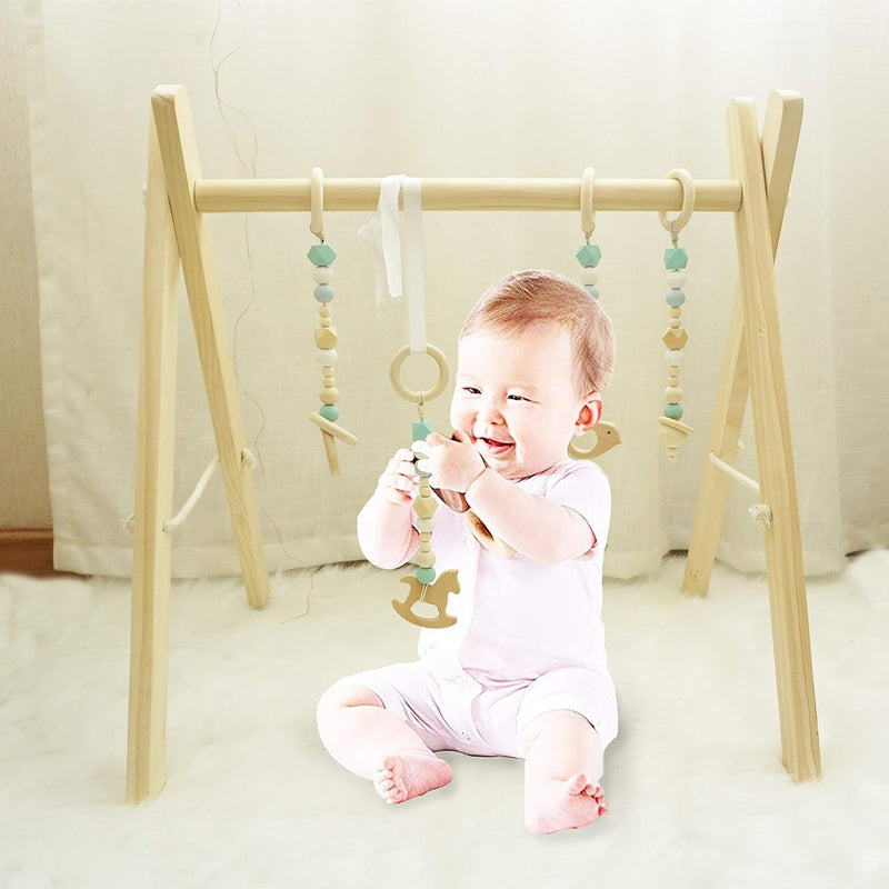 Baby Play Gym, Wooden Baby Gym with 4 Infant Toys, Foldable Wood Gyms Frame Hanging Bar for Toddler, Newborn, Baby Girls and Boys Shower Gift Play Toys - Lacatang Shop