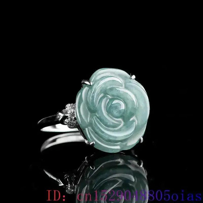 Blue Real Jadeite Rose Jewelry Set Ring Earrings Pendant Necklace 925 Silver Natural Burmese Jade Stone Talismans - Lacatang Shop