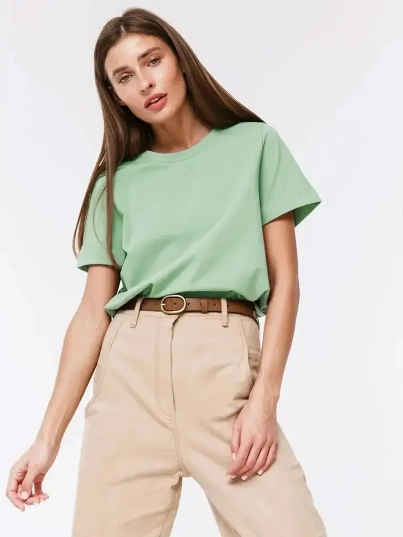 Bornladies Summer 100% Cotton Women's T-shirt Bottoming Basic Fashionable Solid Lady Short Sleeve Loose Tops Shirts 230g/㎡ Tops - Lacatang Shop