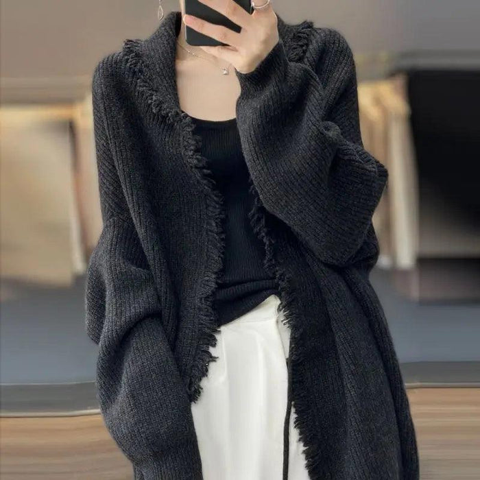 Autumn Winter New Fashion V-neck Long Sleeve Solid Tassels Cardigan Sweaters Women's Clothing Loose All-match Knitting Chic Tops - Lacatang Shop