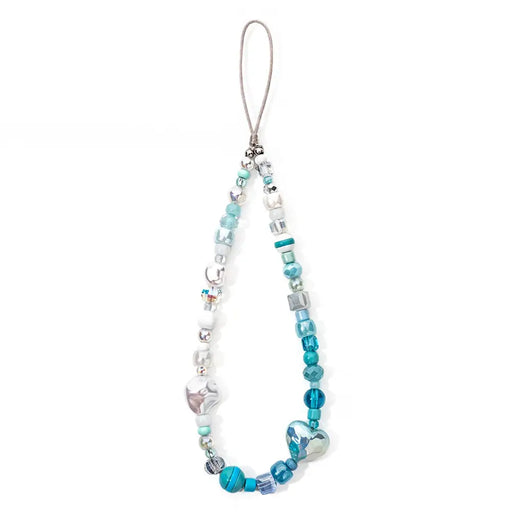 Introducing the Colorful Love Heart Beads Cell Phone Chain by Lacatang Shop, a handmade beaded phone strap featuring a delightful mix of blue and white beads in round, square, and heart-shaped designs attached to a looped string.