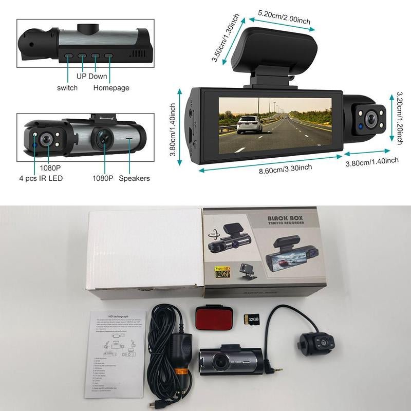 Car Dash Cam with Front and Rear Camera, 1 Count Car Dashboard Wide Angle Dash Cam with IR Night Vision, Loop Recording Car Camera with 32GB TF Card - Lacatang Shop