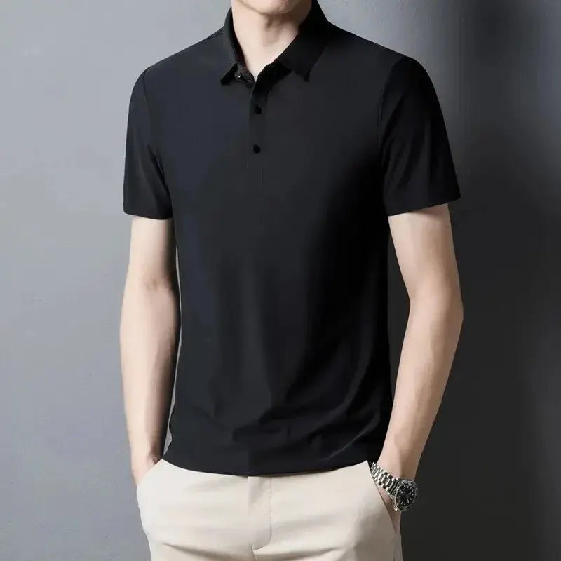 Classic Black High Quality Wrinkle Resistant Ice Silk Short Sleeved T-shirt Men's Summer Lapel Casual Solid Color Tops Polo Men - Lacatang Shop