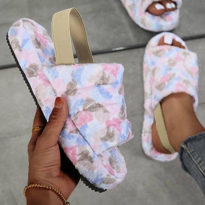 Black Women Heel Slides Elastic Cloth Thick Sole Hair Slippers - Lacatang Shop