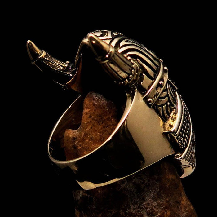 Excellent crafted Men's horned Viking Warrior Ring - antiqued Brass - Lacatang Shop