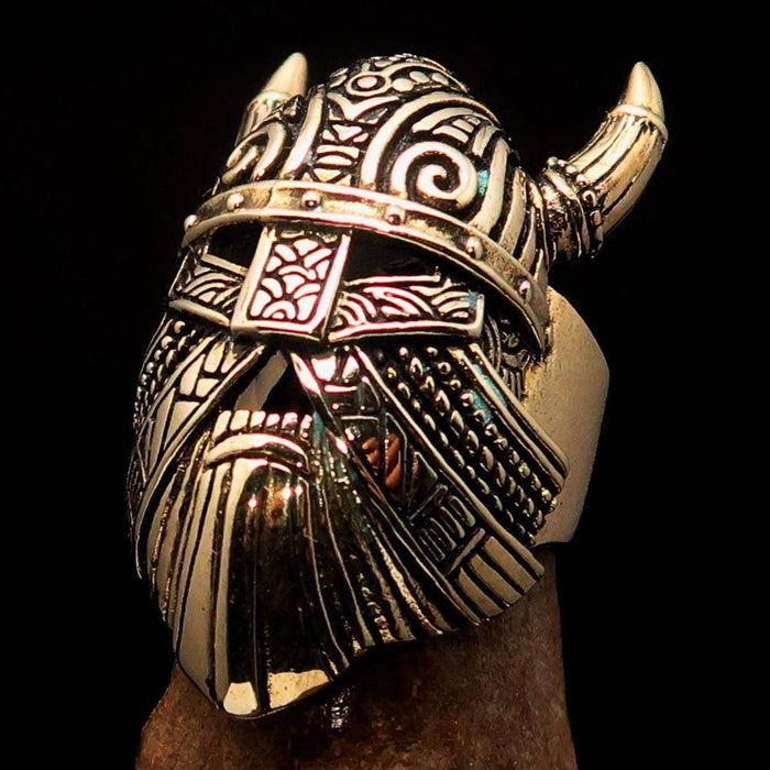 Excellent crafted Men's horned Viking Warrior Ring - antiqued Brass - Lacatang Shop