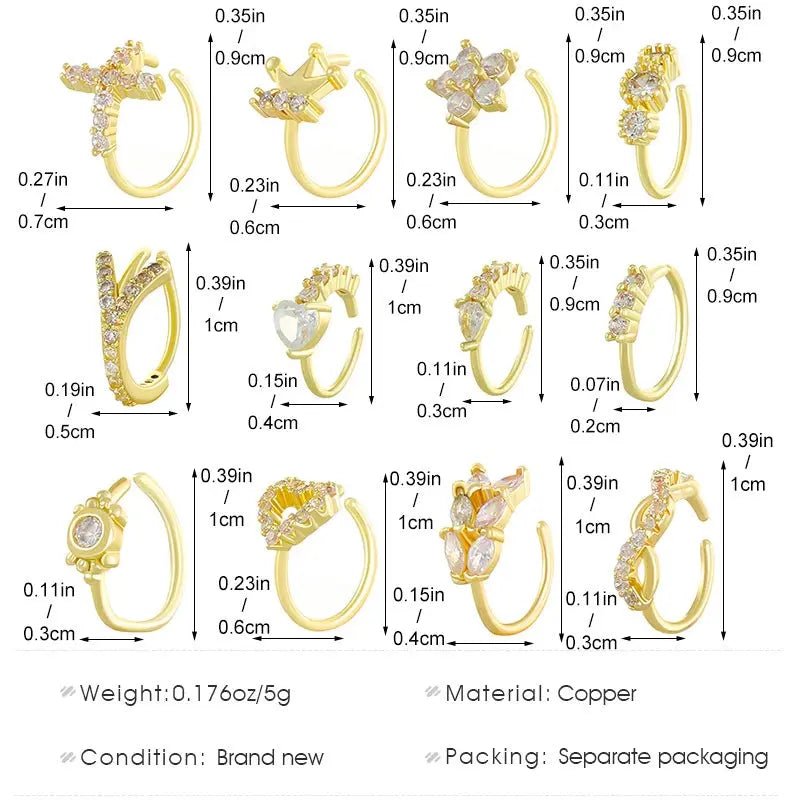 Creative Punk Nose Rings for Women Men Gold Color New Zircon - encrusted Cross Crown Love Hip - hop Fake Nose Studs Fashion Jewelry - Lacatang Shop