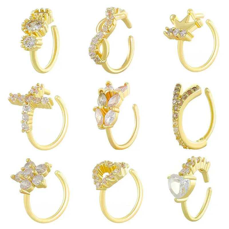 Creative Punk Nose Rings for Women Men Gold Color New Zircon - encrusted Cross Crown Love Hip - hop Fake Nose Studs Fashion Jewelry - Lacatang Shop