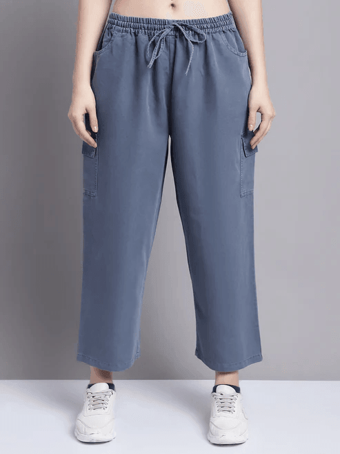 Women Grey multi pocket denim finish Culottes cargo cotton Pant 26 - Lacatang Shop