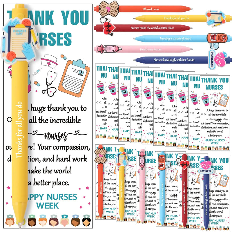24 Set Nurse Pens Bulk 2026 Nurse Appreciation Gift Cute Medical Themed Cartoon Ballpoint Pens with Inspirational Greeting Cards for Nurse Week Doctor Medical Assistant Healthcare Worker Appreciation Gift CNA Week Supplies